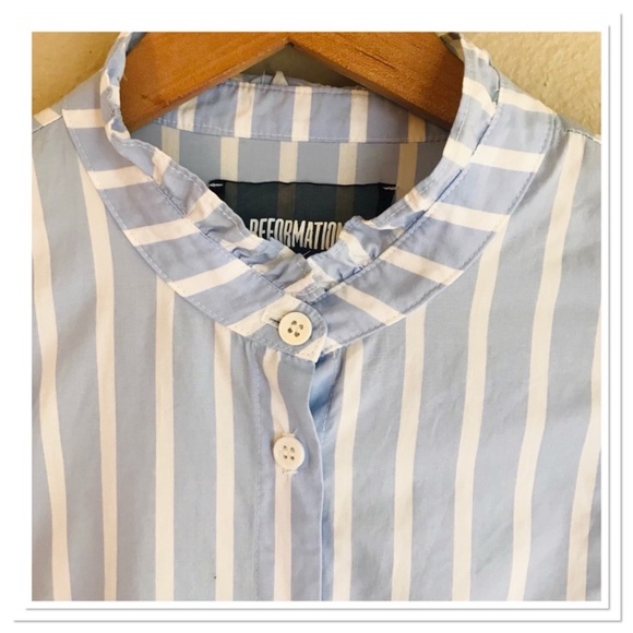 Reformation Etta Top In Lydia Striped Ruffle Edge Button Up Front Blue Size L - Picture 5 of 10